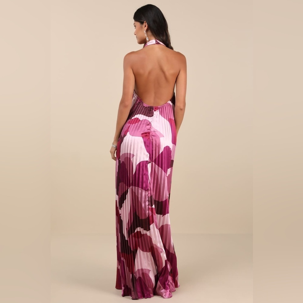 LULU'S Prime Poise Pink Multi Abstract Satin Halter Maxi Dress - Picture 4 of 5